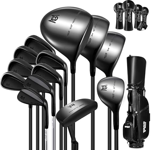 PGM Juegos completos de palos de golf para hombre, 13 piezas, 3 maderas (#1,3,5), 1 híbrido (#4H), 6 hierros (#5,6,7,8,9, PW), 2 cuña de arena (52°, 56°), 1 putter, bolsa de soporte de golf, diestros