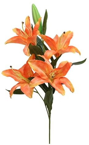 KIJING Giglio artificiale a ramo singolo, 4 fiori, 1 bocciolo, decorazione per matrimoni, fiori finti (arancione)