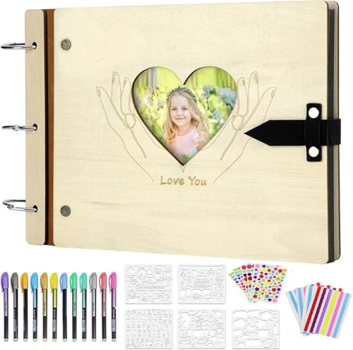 ZEEYUAN Album Photo Scrapbooking en Bois Avec 12 Stylos MéTalliques 60 Pages pour Mémoire Livre d'or de Mariage, Anniversaire de Mariage, Cadeaux de St Valentin