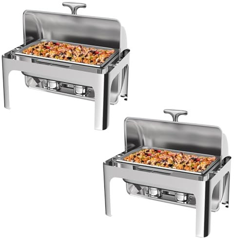 9QT Food Warmer, Rectangular Chafing Dish Buffet Set with Visible Roll Top Food Tray Water Tra Fuel Rack for Weddings Parties Banquets Dining Events(Two)