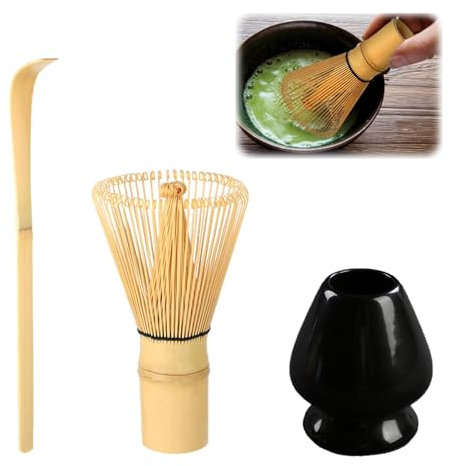 Strehknewen Set Matcha 3 Piezas – Batidor de Bambú, Cuenco Chawan Negro y Cuchara Chashaku – Kit de Ceremonia del Té Japonés – Natural, Hecho a Mano