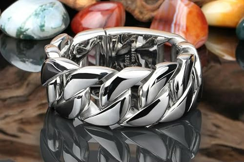 Pulsera de eslabones curvos Grandes y Pesados de Acero Inoxidable 316L de Plata para Hombre de 31 mm