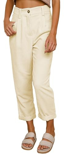 MASUCOR Damen Cordhosen Gerades Weite Hosen Hohe Taille Baumwolle Kordelug Freizeithose mit Taschen Einfarbig Tapered Hose Vintage Eleganz Bequem Knöchelhose(Beige,M)