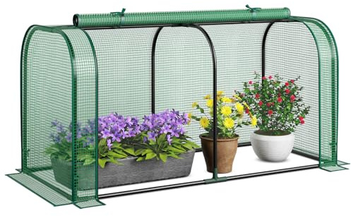 COSTWAY 2 in 1 Mini Gewächshaus, PE-Abdeckung für Hochbeet, Treibhaus mit aufrollbarer Reißverschlusstür, Foliengewächshaus Metallrahmen, Pflanzenhaus wetterfest für Balkon Garten, 118x55x60 cm (Grün)