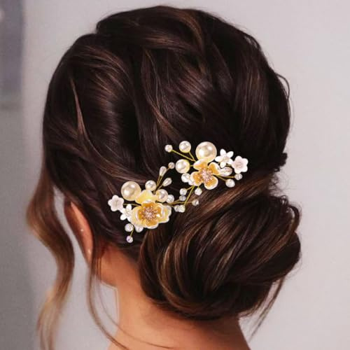 Evlry Braut Hochzeit Blume Haarnadeln Perle Brautschmuck Kristall Haarspangen Hochzeit Haarschmuck für Frauen und Mädchen (2 Stück)