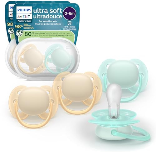 Philips Avent Ultra Soft Pacifiers - Orthodontic Design, for Babies 0-6 Months, Flexible Shield, Silicone Symmetrical Nipple, BPA-Free, 2 Sterilizing Cases, 4 Pack, SCF091/48