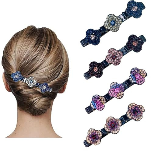 2025 Neue Blumen Haarclips, 4 Stück Kristall Haarspangen Damen,Five Leaf Clover Haarschmuck, Geflochtene Haarspange für Mädchen, Stylische Haarklammern für Elegante Frisuren (B)