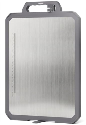 Xentenial Tabla de cortar doble cara de acero inoxidable y plástico alimentario 44x30x2,6 cm, tamaño grande, higiénica, con afilador y rallador integrados y soporte vertical para secado