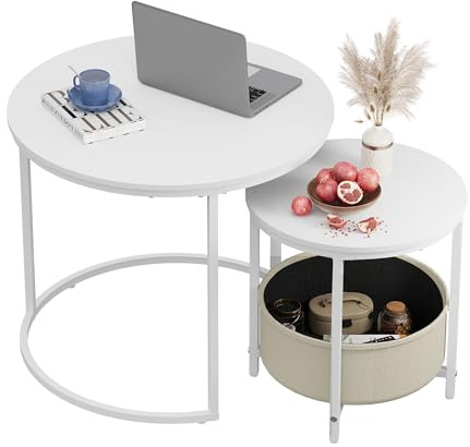 WLIVE Runder Couchtisch Weiß, Wohnzimmer Tisch für Couch mit Stauraum, Beistelltisch mit Metallrahmen, Coffee Table für Wohnzimmer, Schlafzimmer, Büro, Weiß