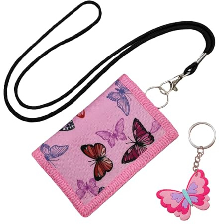 GWAWG Fjäril barnplånbok, barnplånbok vikbar plånbok med karbinhake, nackrem och nyckelring för pojkar flickor, fjäril, liten, mode.