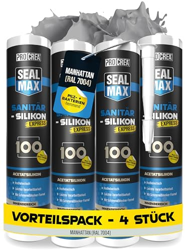 PROCREA® 4x Premium Sanitärsilikon 100 (manhattan) [Schimmelresistent] Hochwertiges Sanitärsilikon zum abdichten für Fugen in Bad, Dusche & Küche uvm. - Silicon grau - Profi-Qualität