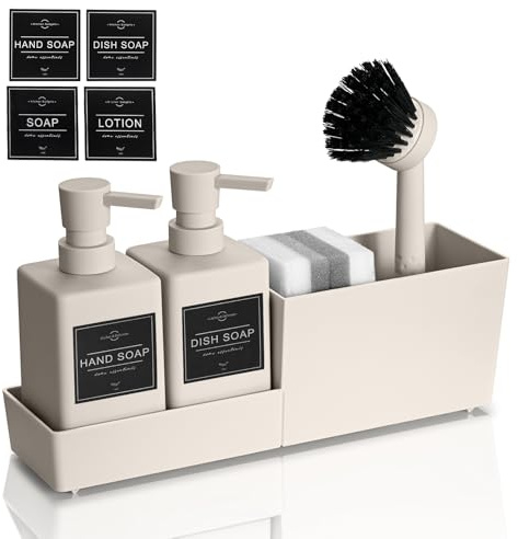 AJEUNGAIN Plast Beige Diskmedel Dispenser Set för Kök och Badrum, Köksdispenser Med Borste och Svamphållare, Dispenser för Hand- och Diskmedel – Kompakt Köksbänk & Diskho Organisering (Beige)