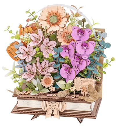 ROWOOD Puzzle de fleurs en bois 3D, livre de floraison en bois, kit de modèle de bouquet à faire soi-même, kits d'artisanat créatifs pour adultes, puzzle de fleurs décoratif, cadeaux d'artisanat pour