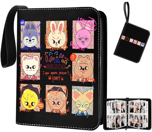Stray Kids Fotokarten 400 Taschen, Kpop-Sammelalbum mit 4 Fächern, insgesamt 50 Seiten, Süßer Cartoon-Fotokartenordner, Idol-Cartoon-Fotoschutzalbum, Geschenke für Jungen und Mädchen (Schwarz)