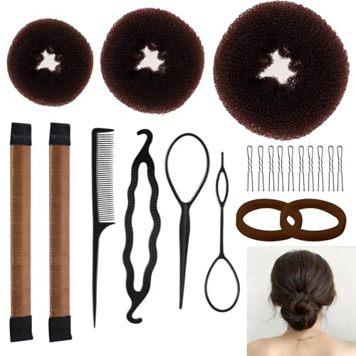 Set de 21 Accessoires pour Chignon – Forme-donut, Accessoires Capillaires pour Femmes & Filles, Outils DIY Chignon & Ballet (Marron)