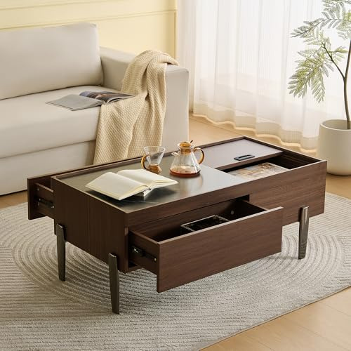 FammyLoft Couchtisch mit Schubladen & Glasplatte, Moderner Coffee Table– Dunkelbraunes Holzdesign, Holzmaserung in Marmoptik, Metallbeine für Wohnzimmer Couchtisch mit Schubladen & Glasplatte
