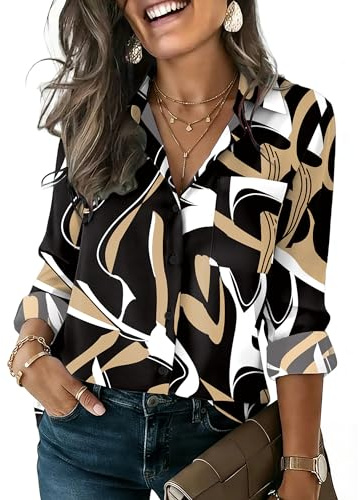 HOTOUCH Womens Long Sleeve Shirts Printed Button Down Blouses Dressy Tops Casual Work Wear Business Office Clothes M