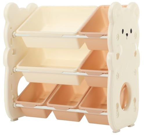 Kids Toy Storage Unit with Boxes & Bins | Children's Toy Organiser Shelf for Bedroom, Playroom, Living Room | Sturdy Toy Tidy for Daycare & Nursery | 40.5 * 24.5 * 69 cm, White & Brown（Deluxe Edition）