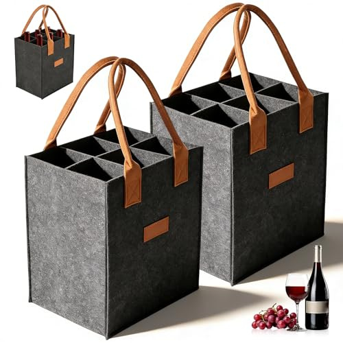 NEUSID 2 Stück Flaschenträger 6 Flaschen, Große Kapazität Flaschentasche Filz mit Ledergriff Faltbare Getränketasche für Weinflaschen, Bierflaschen, Wein, 23 x 18 x 26cm (Dunkelgrau)