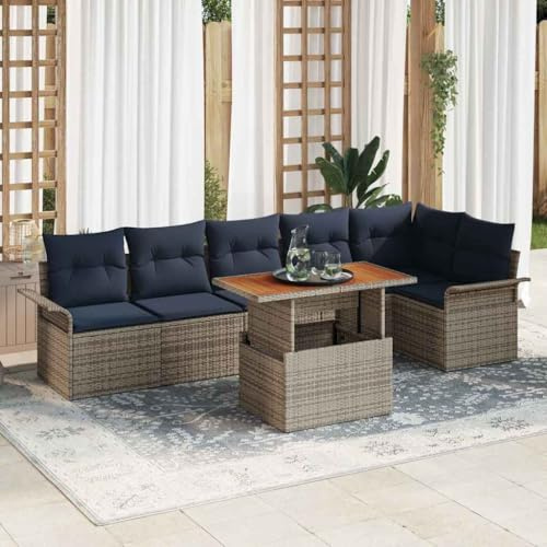 HGBNMER Set di divani da giardino modulari con cuscini, 7 pezzi, grigio e blu navy, in polyrattan e legno di acacia, include due divani con braccioli, posto angolare, tre posti e tavolo regolabile in