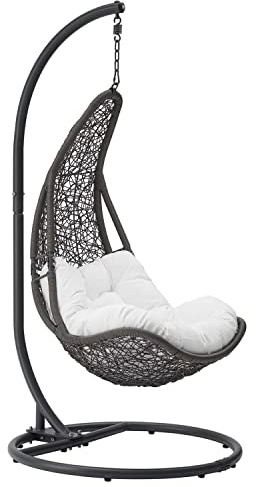 Modway Abate Wicker Rattan Outdoor Patio Porch Lounge Swing Chair Set with Stand in Gray White