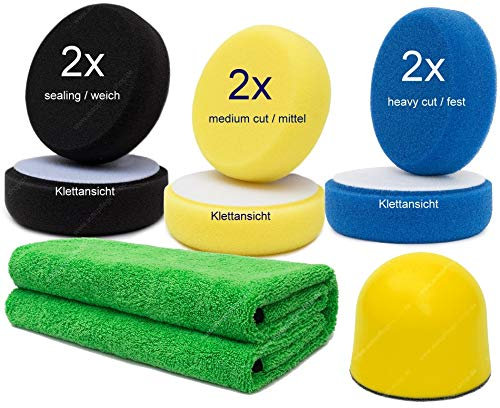 APS Polishing Buddy Gelb + 6 Polierschwämme 85mm in 3 Härten + Microfaser-Lackpflegetuch