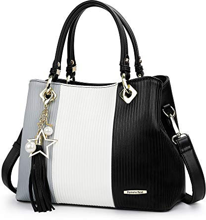 Sac à Main Femme Sac Bandoulière Femme Cabas Sac D'épaule Sac Fourre-Tout Sac de cours PU Cuir frange avec bandoulière ajustable, Noir/Gris/Blanc