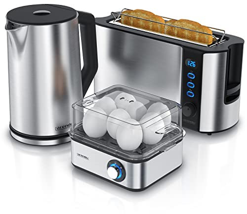 Arendo - Wasserkocher mit Toaster SET, Edelstahl Wasserkocher 1,5 Liter mit Temperaturauswahl + Toaster Langschlitz mit Brötchenaufsatz + Eierkocher 8 fach - Küchen Set - Silber