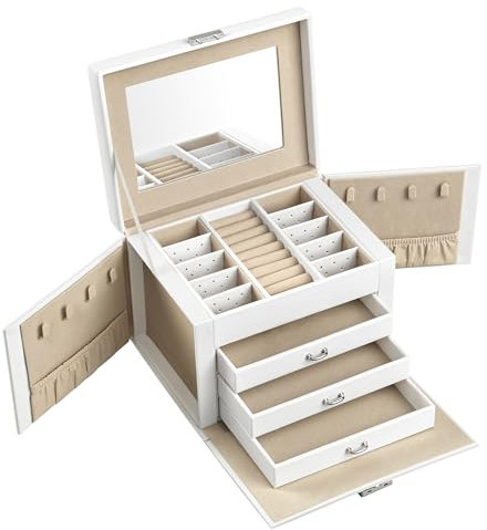 SONGMICS Schmuckkästchen 4 Ebenen, Schmuckkasten mit 3 Schubladen, viel Stauraum, innen mit Spiegel, abschließbar, Schmuckaufbewahrung, Geschenk für Ihre Liebsten, für Uhren, weiß-beige JBC159W01