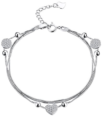Lisandra Scott 925 Sterling Silber Damenarmband mit Funkelnden Herz-Perlen Anhänger I Mehrreihig Damen Armkette mit Steinchen aus Echtsilber Frauen Armband (Silber)