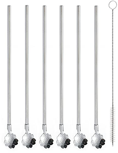 ERCRYSTO Reusable Stainless Steel Long Handle Straws Spoon, 6 Pieces 8.6, with 1 Cleaning Brushes (flower)