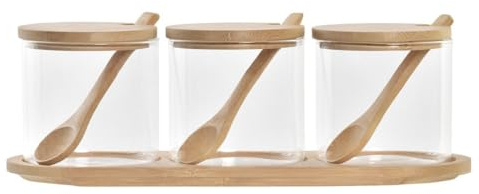 DKD Home Decor Azucarero Color Transparente y Natural, de bambú y Vidrio de borosilicato (29 x 10 x 10 centímetros) (3 Unidades)