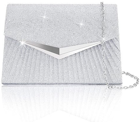 Larcenciel Clutch Silber, Damen Pailletten Abendtasche mit Abnehmbarer Kette, Elegant Crossbody Handtasche Funkelnde Trapezförmige Schultertasche Umhängetasche für Hochzeit, Bankett (21x5x13cm)