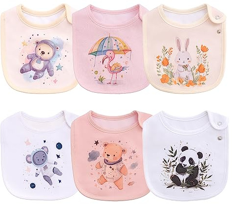 Maiwa 6-Pack Baby Bibs Set: 100% Cotton, Waterproof, Snap Closure,Baby Boys Girls Unisex Design - Ideal for Drooling,Teething & Feeding,Easy Clean, Durable Baby Essentials