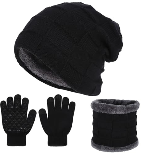 Fadcaer 3 In 1 Set Kids Winter Hat Scarf and Gloves Set, Winter Beanie Hat, Knit Warm Winter Cap Gloves Neck Warmer, Thick with Soft Fleece Lining, Boys 2-10 Years (Black)