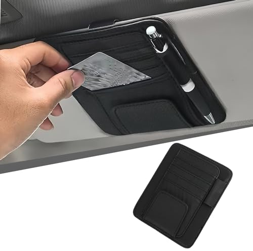 Organizador Parasol Coche, Multifuncional Bolsa Almacenamiento Visera Automóvil, Universal Soportes Gafas Coche con Ranuras Visera Accesorios Interior de Cuero PU para Tarjetas y Bolígrafos, Negro