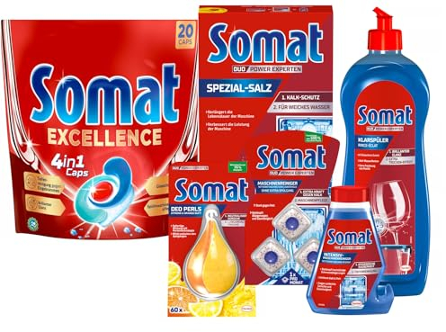 SOMAT 4in1 Caps 20 AW Excellence, schnellauflösende Spülmaschinentabs, für exzellente Reinigung + Klarspüler + Intensiv-Maschinenreiniger + Spezial-Salz + Deo Perls + Maschinenreiniger