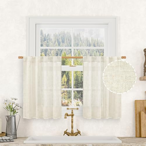 LAMIT Cafe Linen Curtains 30 Inch Length for Kitchen Windows Over Sink, Cream Ivory Semi Sheer Light Filtering Panels Back Tab and Rod Pocket Drapes for Small Window, 2 Panels, 34 x 30 Inch