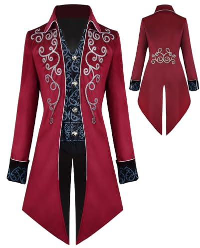Chaqueta de frac steampunk vintage para hombre, frac gótico, disfraces de carnaval, ropa medieval para hombre, disfraz de Halloween para hombre, rosso, XXXL