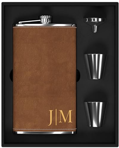 Flasque a Alcool Personnalisé, Flasque Whisky en Inox 304 12oz/355ml Personnalisable avec Initiales, Fiole Alcool Personnalisé pour Cadeau Homme (Marron)