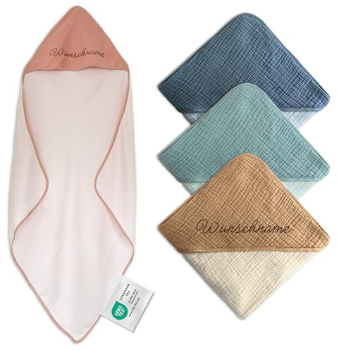 my STITCHERY Kapuzenhandtuch Kinder mit Namen Bestickt, Oeko-TEX® Standard 100 - Personalisiertes Badetuch mit Kapuze aus weichem Musselin mit gesticktem Namen (Rosa, 100 x 100 cm)