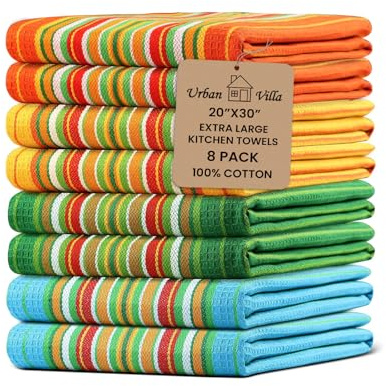 Urban Villa Kitchen Towels 100% Cotton Dish Towels for Kitchen(Set of 8)20”x30” Dish Cloths Highly Absorbent Kitchen Linen Set with Hanging Loop Perfect for Drying Dishes Cleaning Towels -Multi Color