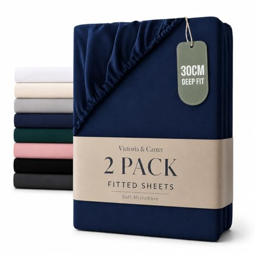 2 Pack Single Fitted Sheet (30cm) - Ultra Soft Microfibre Bed Sheets, Wrinkle-Resistant, Elasticated Corners, Shrink and Fade Resistant, Easy Care for Single Beds (Navy Blue)