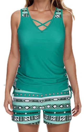Women's Tankini Sets UK,Two Piece Swimsuit Ladies Tummy Control Floral Print Modest Swimwear Summer Bathing Suit Swimming Costumes High Waist Tankini Top with Swim Shorts