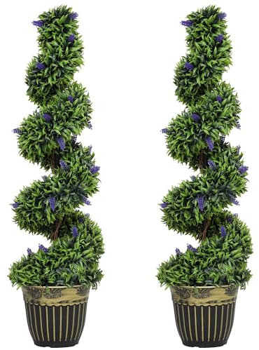 HOMCOM Set of 2 Decorative Artificial Plants, Boxwood Spiral Topiary Tree with Lavender and Pot, Fake Plants for Home Indoor Outdoor Decor, 115cm