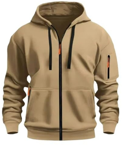 MakingDa Huvtröja med dragkedja för män pullover ficka långärmad manschett skjortor huvtröja fleece smal passform vardaglig tröja med huva, Khaki, XL