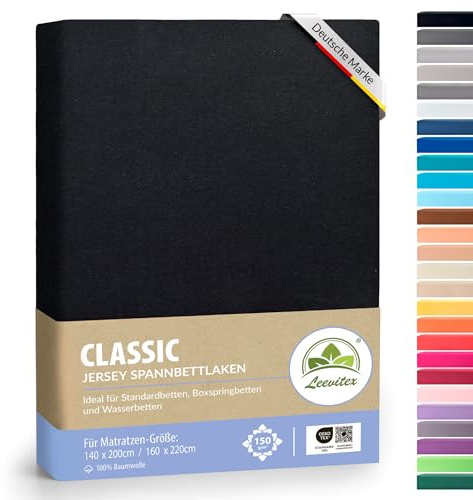 leevitex® Classic Jersey Spannbettlaken 140x200 – 160x220 cm | 150 GSM Baumwolle | Öko-Tex Zertifiziert | für Standard-, Boxspring- und Wasserbetten | 40 cm Steghöhe | 1er Pack | Schwarz