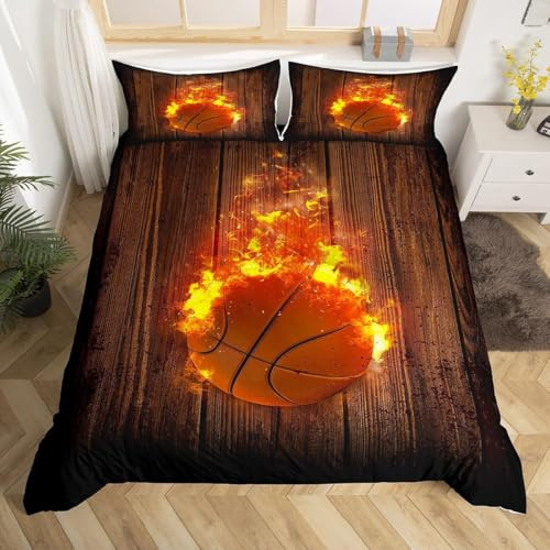 LYJKLST Ballon de Basket en Flammes Housse de Couette pour Chambre Adulte 2 Personne 280x240 Moderne Motif Basket-Ball Parure De Lit Thème Basket-ballImpression modèle avec 2 Taies d'oreiller 65x65cm