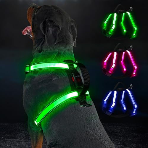 KOSKILL Light Up Dog Harness Rechargeable with Power Display, LED Dog Harness RGB 3 Light Modes & Reflective, Type-C Safety Vest for Small Medium Large Dogs for Night Walking, Camping(L)