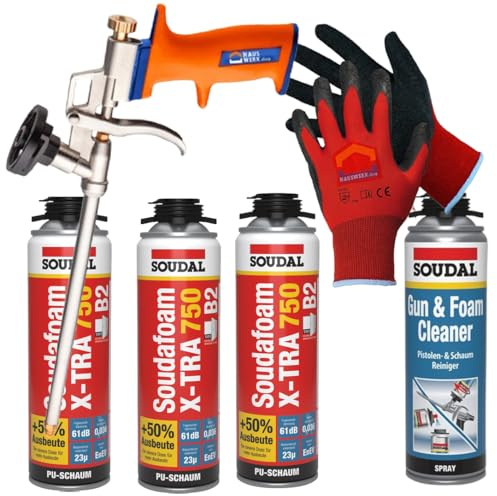 SET 3 x SOUDAL Soudafoam X-Tra 750 B2 Pistolenschaum 500 ml + Reiniger + Arbeitshandschuhe und Schaumpistole von Hauswerk.shop